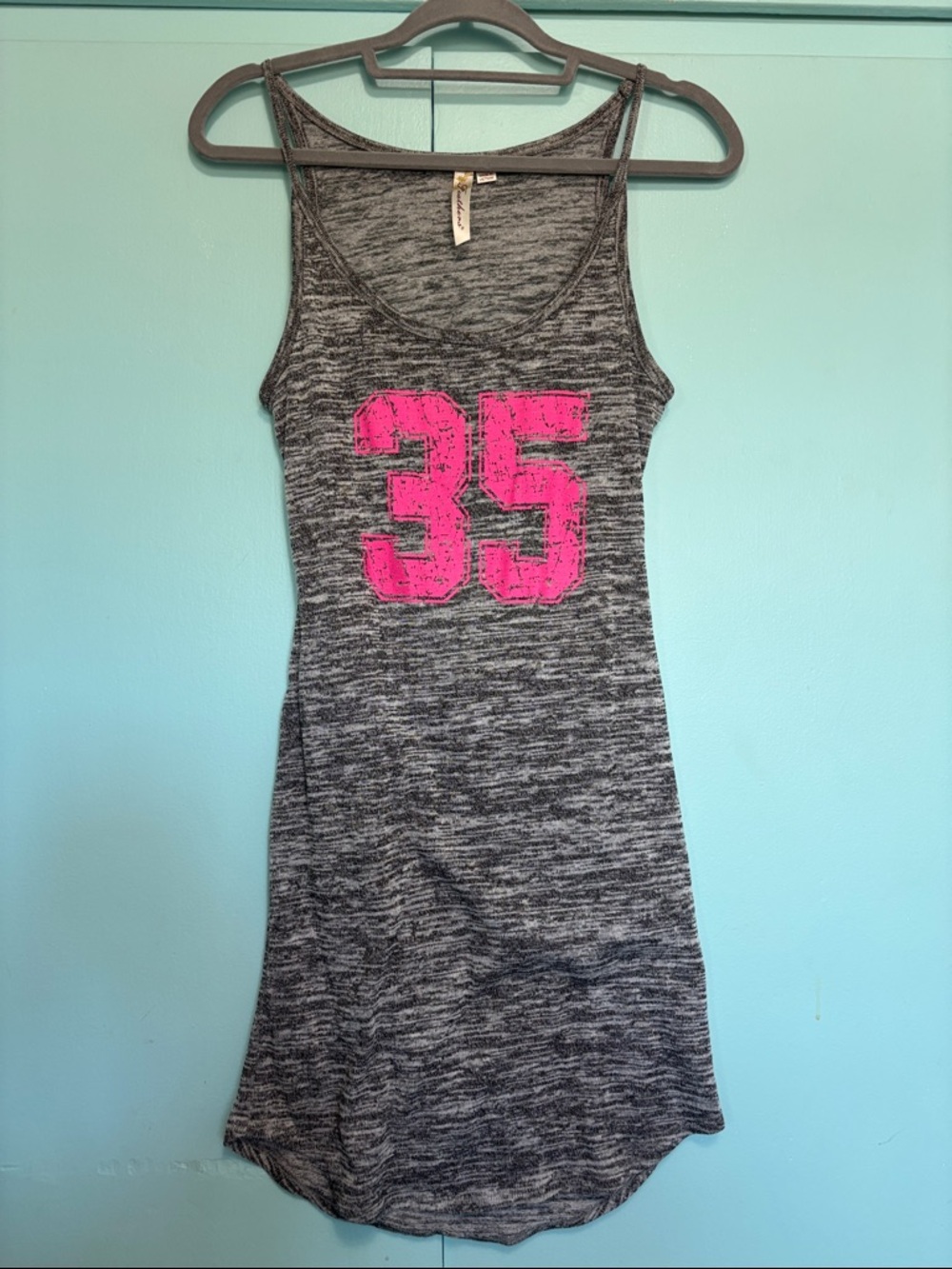 New Gray Marled Tank Dress with Pink '35' Graphic size Large.